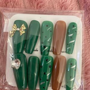 Green and Brown Nail Set with Gold Bow and Gem